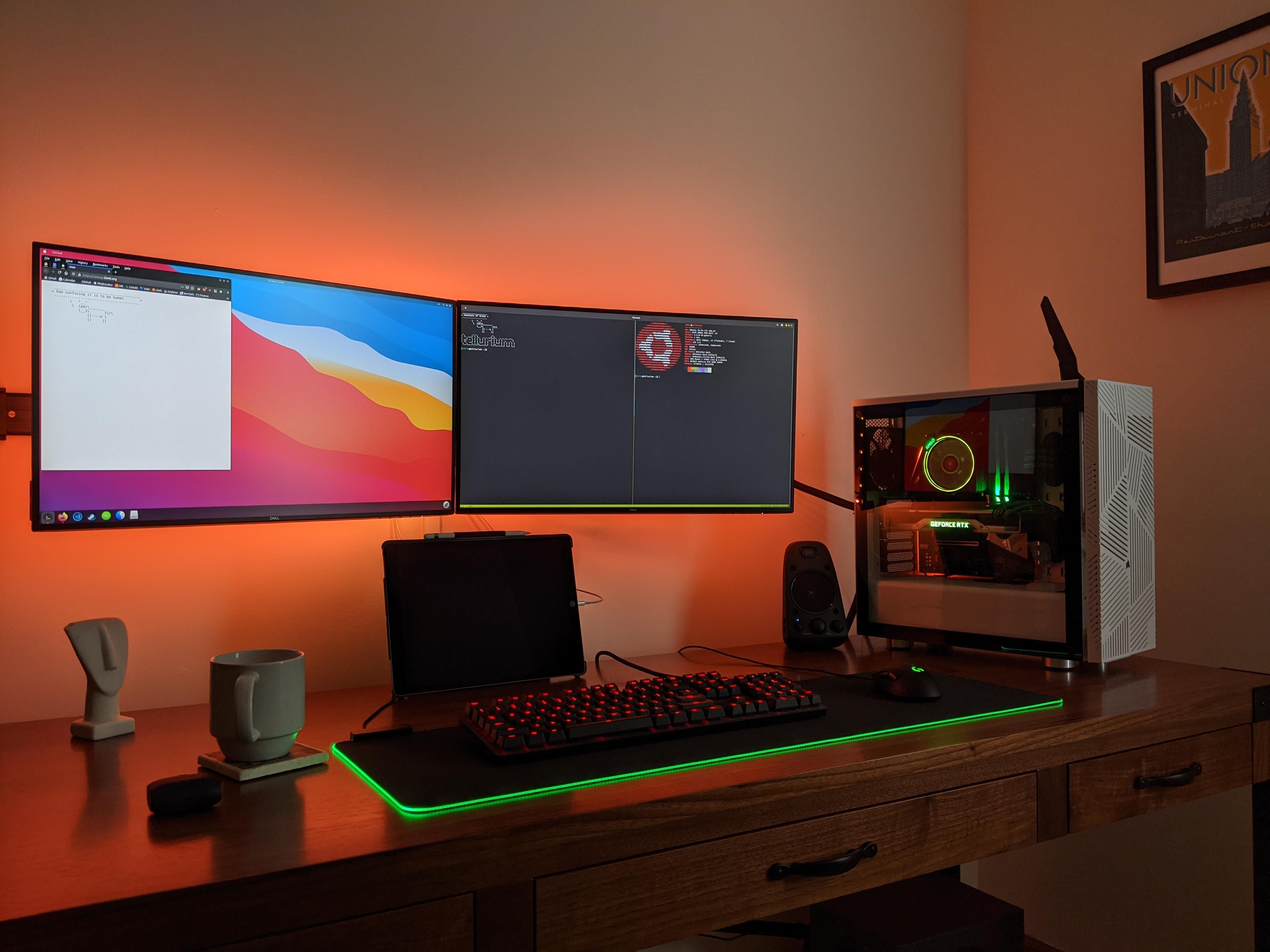 Modern gaming desk with warm ambient lighting